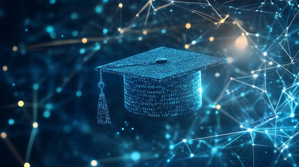 Poster - A blue digital mesh representing the network of interconnected nodes, with an illuminated graduation cap floating above it