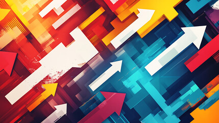 Aufkleber - A dynamic and colorful illustration of multiple arrows pointing in various directions, symbolizing strategic choices, decision-making processes, and diverse options in a conceptual and stylized manner