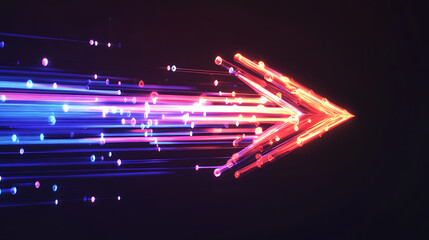 Poster - A dynamic arrow made of glowing, colorful fiber optic cables on a black background