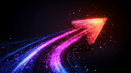Poster - A dynamic arrow made of glowing, colorful fiber optic cables on a black background