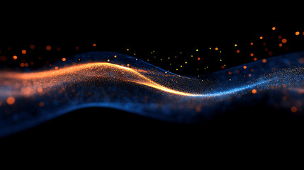 Poster - A dynamic wave of blue and orange particles, digital bokeh style, on a dark background, concept of flow or energy