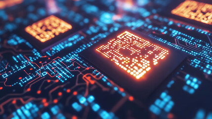Poster - A dynamic digital representation of qr codes with glowing data streams on a circuit board, illustrating high-tech information transfer