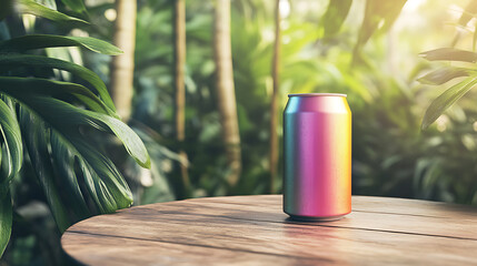 Poster - A empty colorful soda can on a wooden table with tropical plants in the background, beverage product promotion, mockup and drink advertisement concept