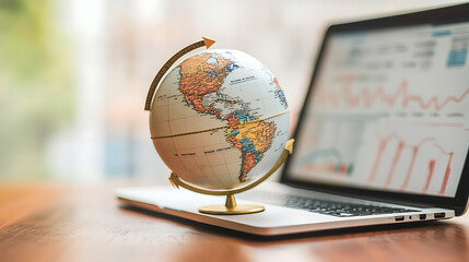 Poster - A globe with arrows showing growth and global trade, overlaid on an open laptop computer displaying financial charts