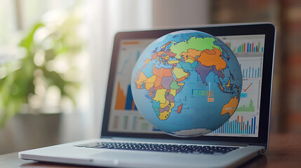 Leinwandbilder - A globe with arrows showing growth and global trade, overlaid on an open laptop computer displaying financial charts