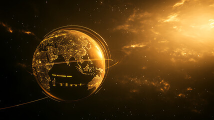 Aufkleber - A golden planet earth with data lines on a simple black background in the dark orange and gold style, with a soft glow
