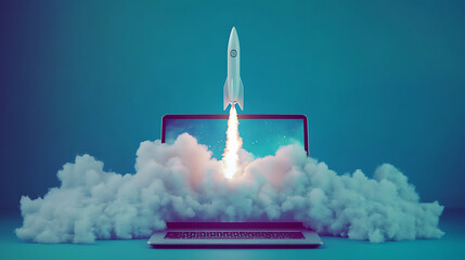 Aufkleber - A laptop with a rocket launching from the screen surrounded by clouds, set against a blue background, concept of innovation