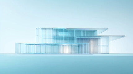 Leinwandbilder - A modern glass building with illuminated lines on a light blue background, architecture concept