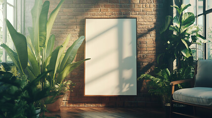 Poster - A modern interior with large windows, plants, and an empty poster frame for mockups on a brick wall