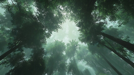 Fototapete - A panoramic view of the canopy from below, showcasing tall trees with lush green leaves that form an expansive forest landscape