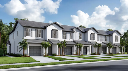 Fototapete - A row of modern townhouses with gray metal roofs and white walls, each house has an exterior balcony on the second floor