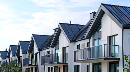 Fototapete - A row of modern townhouses with gray metal roofs and white walls, each house has an exterior balcony on the second floor