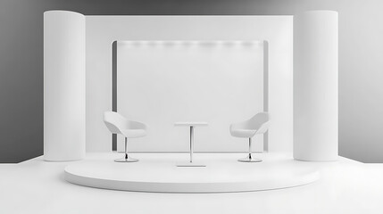 Poster - A set of realistic trade show chairs and tables, or a white blank stand booth for a corporate exhibition