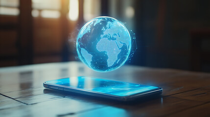 Aufkleber - A smartphone with an interactive holographic globe floating above it, representing global connectivity and digital communication in the modern world