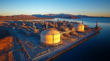 Poster - A vast industrial complex with a massive lng storage tank designed for holding liquified natural gas at low temperatures