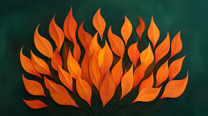Leinwandbilder - A vivid display of orange flames against a dark green background, symbolizing fiery energy or danger