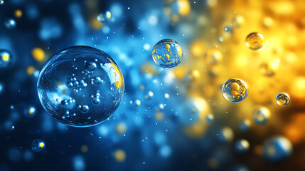 Poster - Abstract background with 3d spheres floating in front of a blue and yellow background