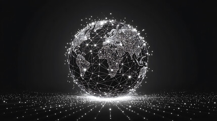 Aufkleber - Abstract black and white low poly network grid on sphere with dots and lines, technology background big data connection concept, digital wallpaper design