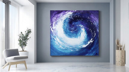 Poster - Abstract blue and purple painting with white swirls on a marble background