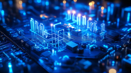 Poster - Abstract blue circuit board with glowing lights technology background