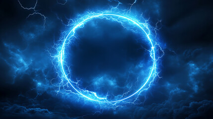 Fototapete - Abstract blue neon light background with a glowing circular frame and thunder glow effect