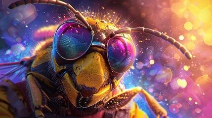 Wall Mural - Stunning macro close up photography of a vibrant colorful and iridescent insect with glowing luminescent eyes and shining antenna against a blurred atmospheric and shimmering background