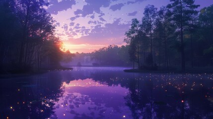 Wall Mural - A still forest at twilight, a glassy lake reflecting the silhouetted trees