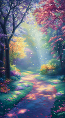 Wall Mural - A serene forest path illuminated by soft light and vibrant foliage.