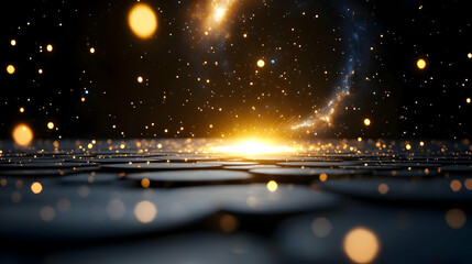 glowing particles rising from dark textured surface, resembling a nebula or cosmic scene.
