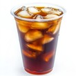 © Maxim Borbut - A side view of a cold brewed ice latte coffee in a plastic cup, set against a white background.