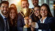 © OS - Corporate victory, team success, leadership recognition, marketing material, achievement poster, corporate teamwork, business event promotion.