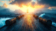 © creative - Wooden pier leads to sailing ship at sunset.