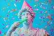 © lunarts_studio - A white bust dons a neon pink party hat while blowing a green noisemaker amidst colorful confetti. The lively background enhances the festive atmosphere