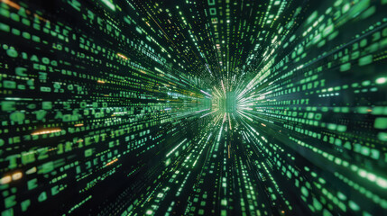 binary digital codes that rush to the center, creating the effect of movement in space or a cyber tunnel,.     