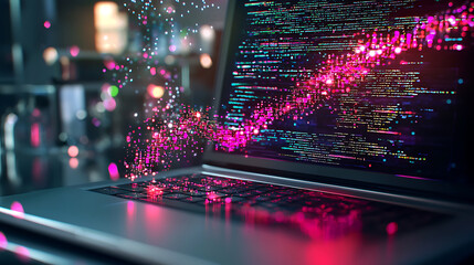 Digital data visualization on laptop screen with colorful particles