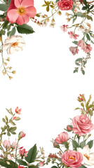 Poster - Vintage charm: beautiful floral frame featuring pink and white roses and green leaves, with a transparent background for elegant designs