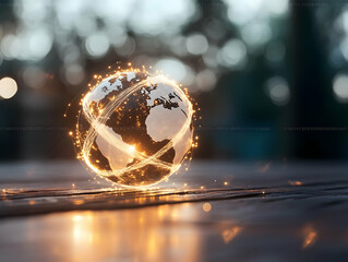 Wall Mural - Glowing Earth globe with digital network lines on wooden surface.