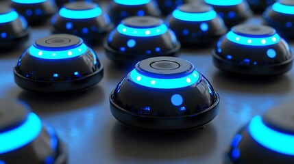 futuristic glowing black dome devices arranged in rows on a light surface.