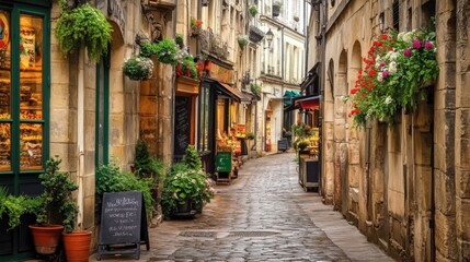  Charming European Cobblestone Street with Flowered Facades