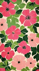 Poster - Pink Flowers Green Leaves Floral Pattern Design