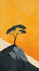 Poster - Solitary Tree on Hilltop Against Orange Sky