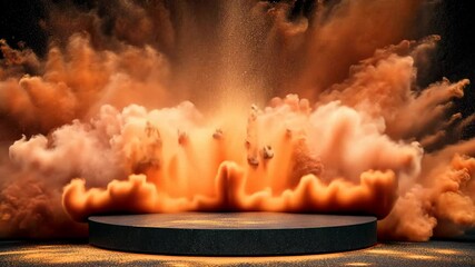Wall Mural - dramatic explosion with vibrant orange and brown clouds rising from a circular platform in a dark se