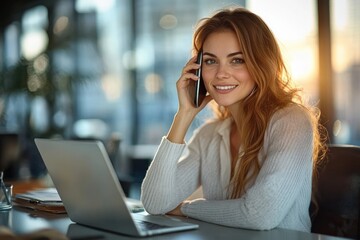 Wall Mural - Professional business woman smiling talking on mobile phone making business call at desk in modern office happily consulting clients