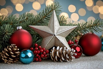 Wall Mural - A star is on top of a bunch of Christmas decorations