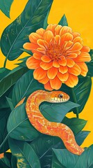 Sticker - Orange Snake Curled Among Lush Green Leaves and a Zinnia Flower