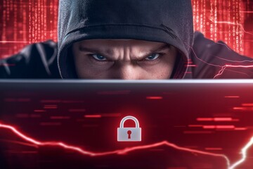 A man is looking at a computer screen with a red background