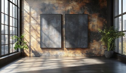 Modern Vertical Poster Presentation on Dark Wall with Walking Woman Holding Notepad