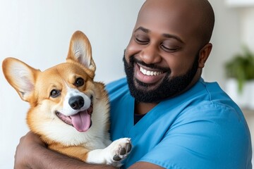 Wall Mural - A man is holding a dog in his arms