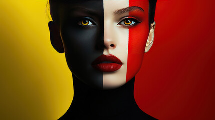 Wall Mural - woman with color block black and red half of face fashion photography black yellow beauty book cover poster design