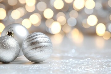 Wall Mural - Three white and silver Christmas ornaments are sitting on a white background